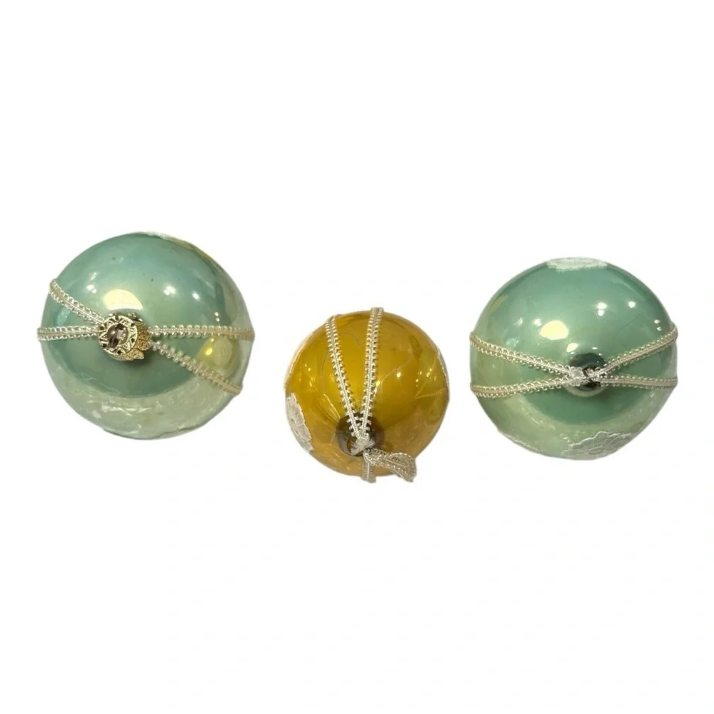 Vintage Lace Bead Trim Decorated Glass Christmas Ball Ornaments Lot 3